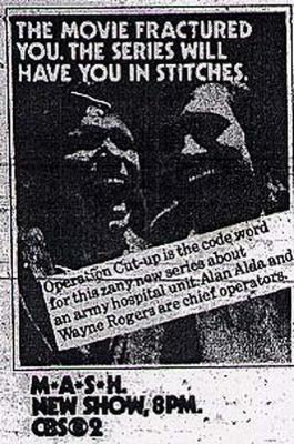 Scanned black-and-white image of a TV Guide advertisement for M*A*S*H featuring Alan Alda and Wayne Rogers