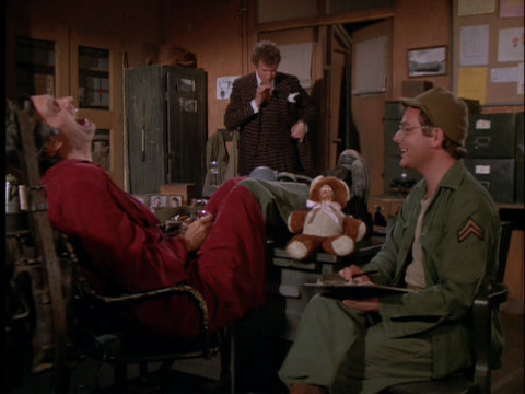 Still from the M*A*S*H episode Officer of the Day showing Hawkeye, Trapper, and Radar