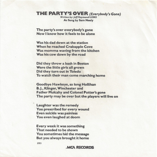 Lyric Sheet to The Party's Over (Everybody's Gone)