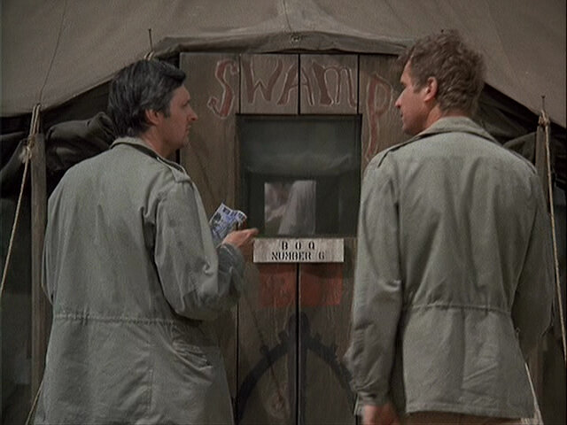 Still from the MASH episode Life With Father showing Hawkeye and Trapper