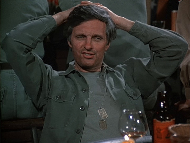 Still from the MASH episode Foreign Affairs showing Hawkeye.