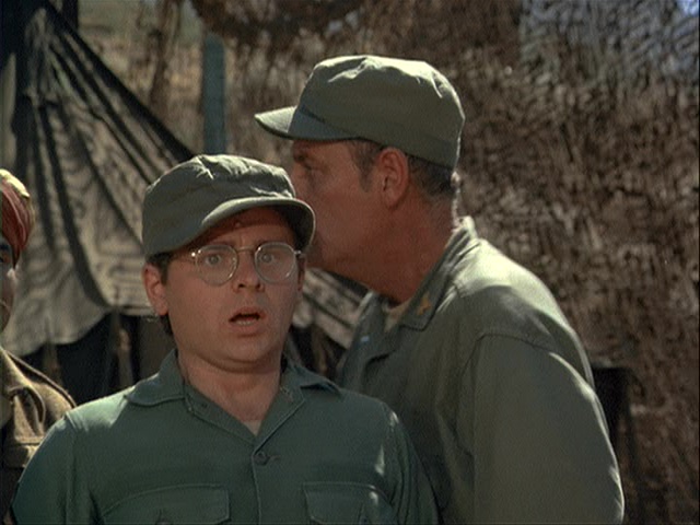 Still from the MASH episode The General Flipped at Dawn showing Radar and Colonel Blake.