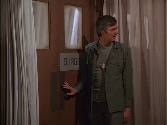 Still from the MASH episode Hey Look Me Over showing Hawkeye.